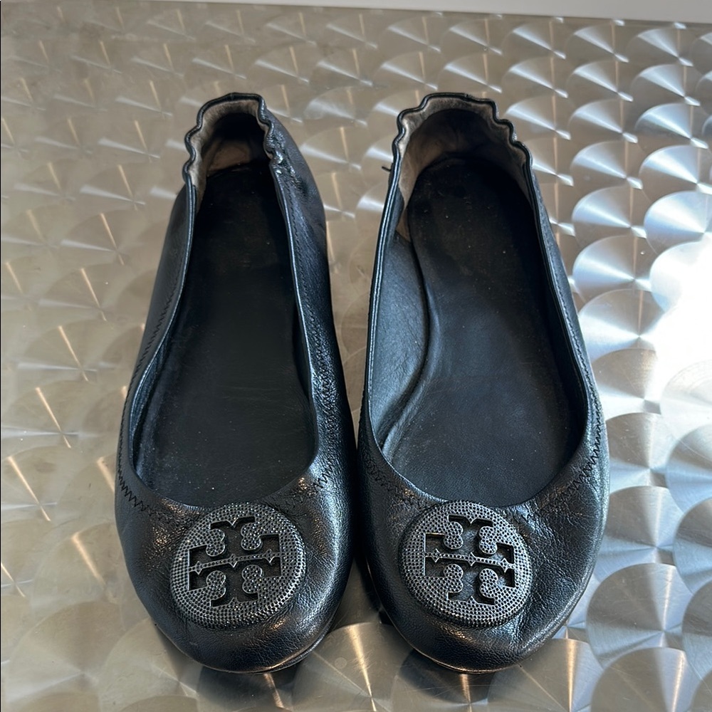 Tory Burch Black Patent Leather Flats with Pave Logo